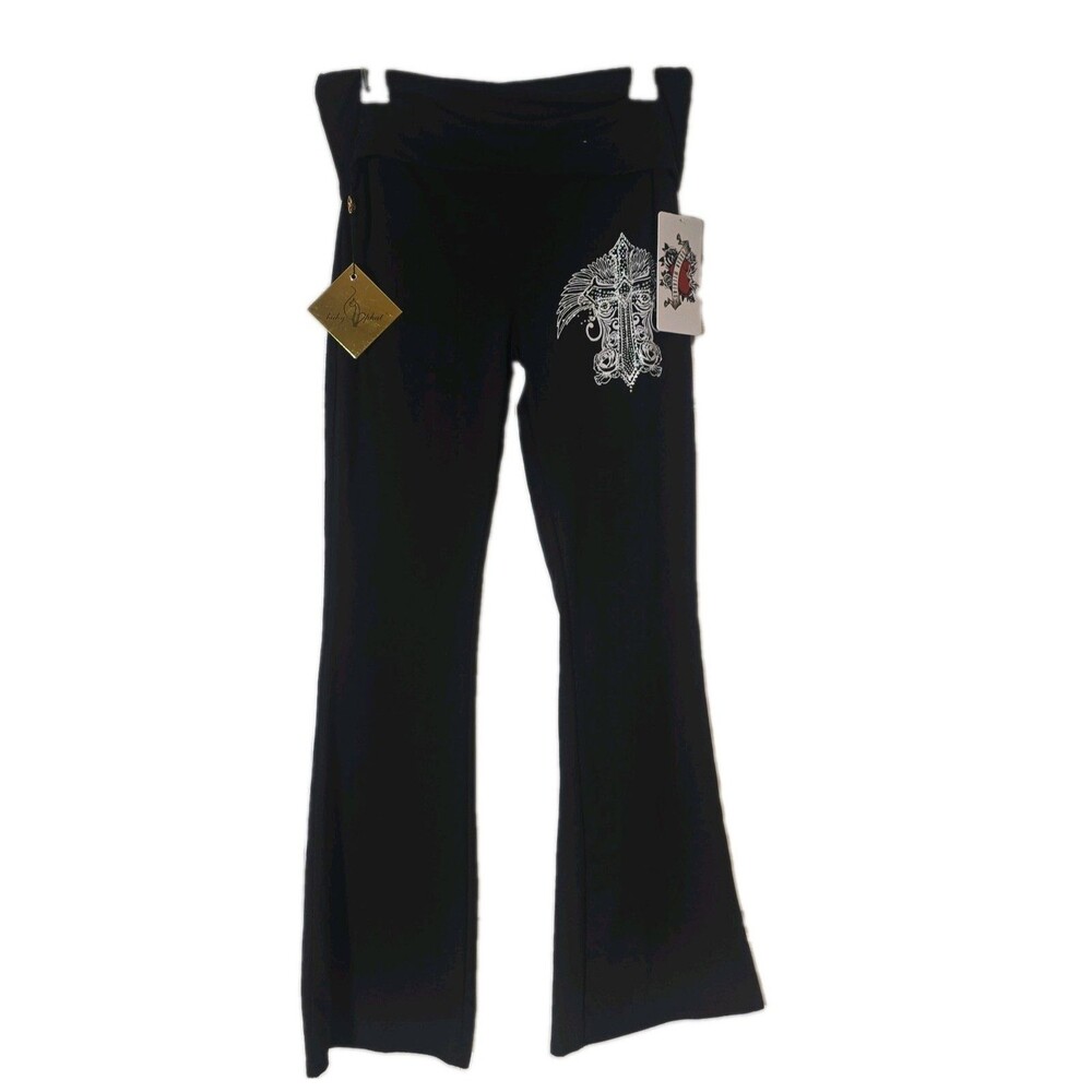 Urban Weekend Women’s Black Rhinestone Cross Yoga Pants Size L Flare Leg NWT